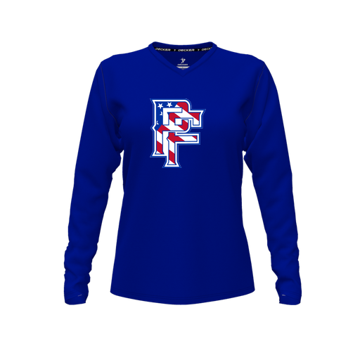 [CUS-DFW-TEES-CMF-VNK-LSL-RYL-FYXS-LOGO2] Decker Comfort T-Shirt (Female Youth XS, Royal, V Neck, Logo 2, Long Sleeve)