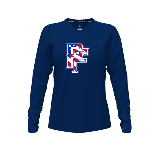 [CUS-DFW-TEES-PER-VNK-LSL-NVY-FYXS-LOGO2] Decker Performance T-Shirt (Female Youth XS, Navy, V Neck, Logo 2, Long Sleeve)