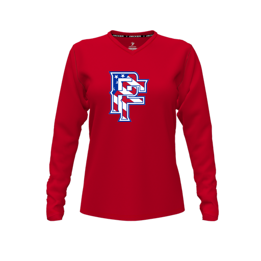 [FTLVPTRD-FYXS-LOGO2] Decker Performance T-Shirt (Female Youth XS, Red, V Neck, Logo 2, Long Sleeve)